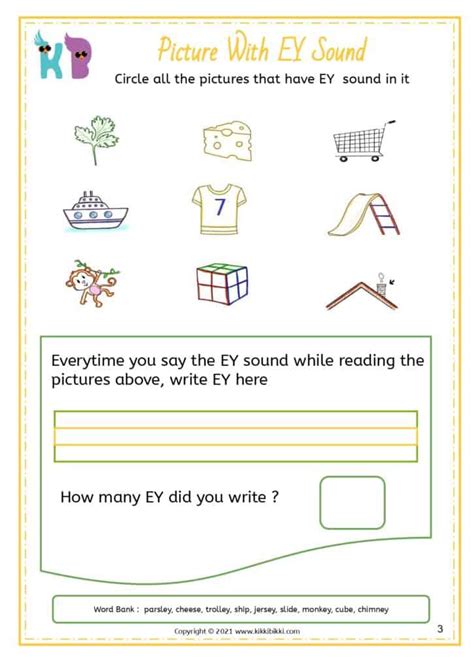 Words ending with 'ey' - Kindergarten Worksheet - Free Phonics