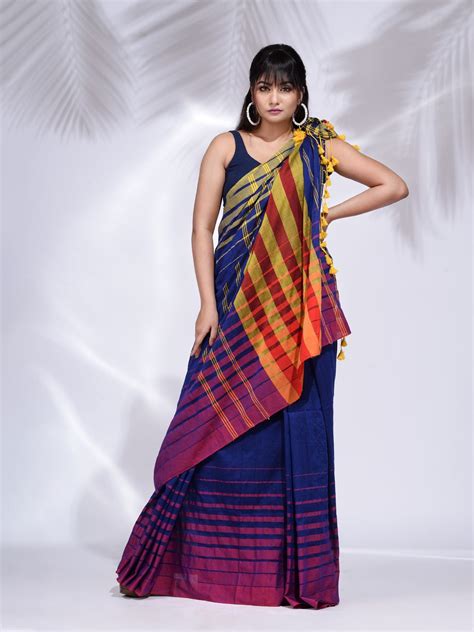 Royal Blue Cotton Handwoven Saree With Stripe Border – Charukriti
