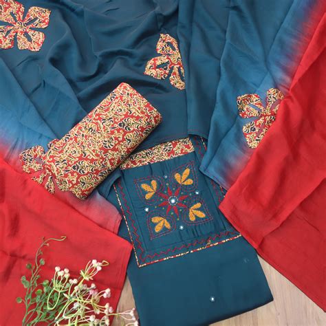 Pakkhi Navy Blue Thread Work with Mirron in Kalamkari Print Yoke Glaze ...