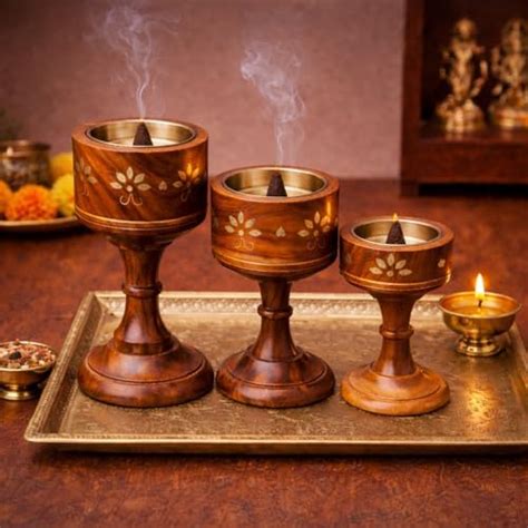 WAVYHUB Wooden Dhoop Dani with Brass Plate | Handcrafted Wood & Brass ...