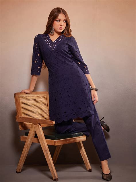 Beautiful Blue Schiffli Embroidered Kurta with Pant – Heeposh
