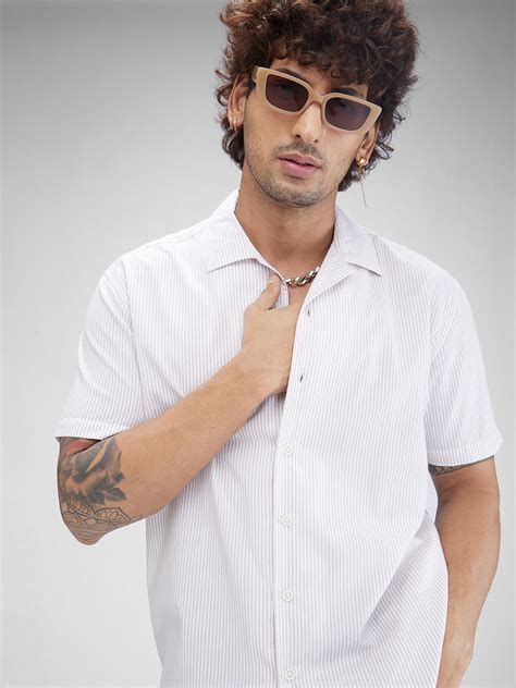 Beige Striped Oversized Resort Collar Shirt – Vastrado