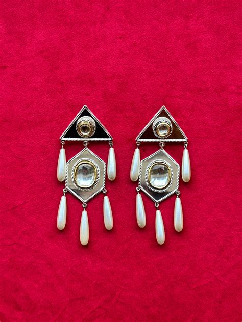 Polki Hexagon Drop Earrings Silver – Valliyan