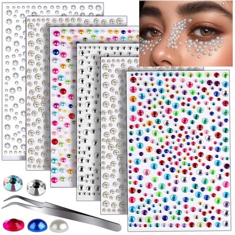 MAYCREATE® Face Rhinestone Stickers, 6 Sheets Pearl Nail Stickers for ...