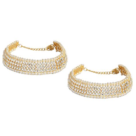 Peora Traditional Gold Plated White Kundan Studded Anklet Payal Set ...