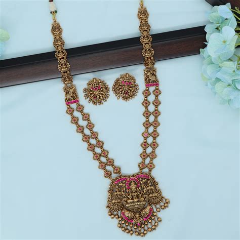 Parallel chain long haara with panel links and Lakshmi pendant with fr ...