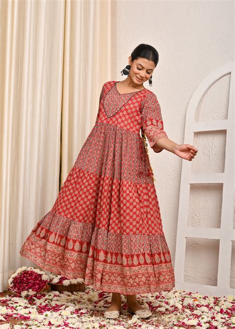 Ajrakh Printed & Hand Embroidered A-Line Tiered Flared Maxi Dress - Re ...