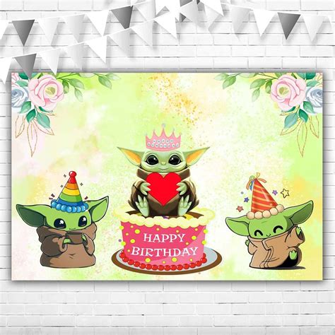 Buy Baby Yoda Happy Birthday Backdrop for Girls 5x3ft Pink Flowers Baby ...