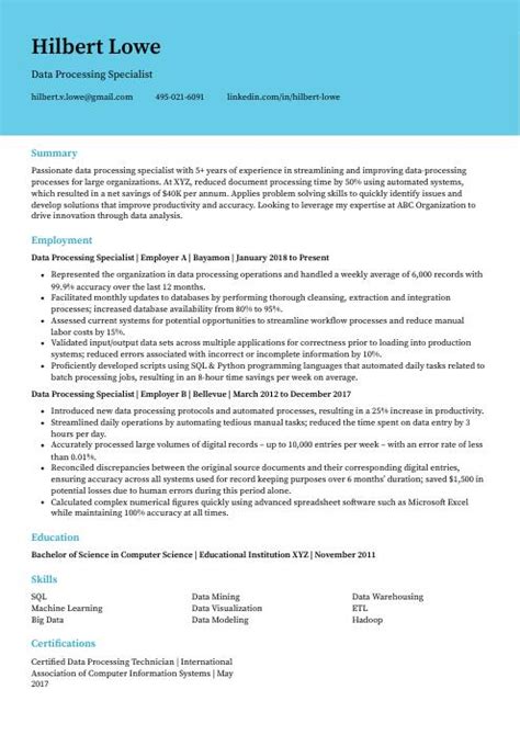 Image result for Data Processing Resume Examples