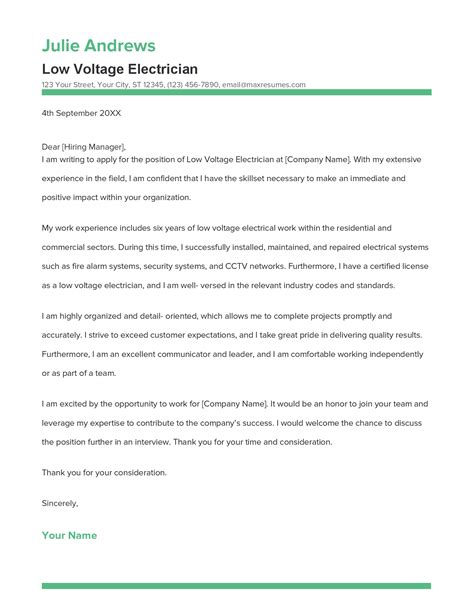 Best Low Voltage Electrician Cover Letter Example for 2023