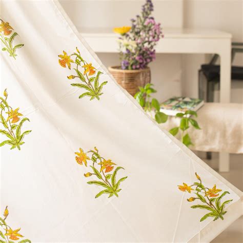 White Floral Buti Hand Block Print Cotton Curtain for Doors & Windows ...