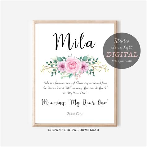 Mila Name Meaning Printable With Pink Floral Artwork, Mila Digital ...