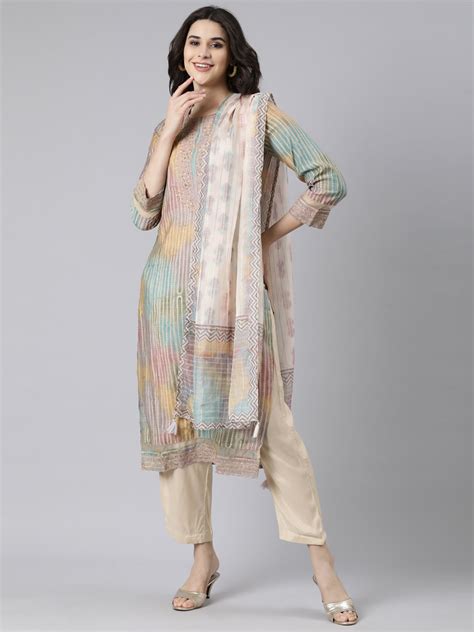 Neerus Multi Regular Straight Colourblocked Kurta And Trousers With Du ...