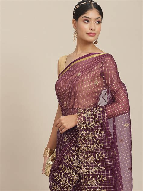 Buy Ishin Women's Cotton Blend Purple Embroidered Saree With Blouse ...