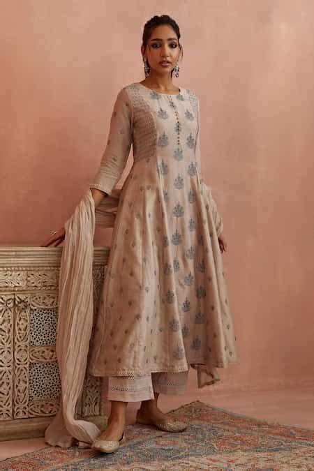 Buy Ivory Chanderi, Cotton Embroidery, Cut Work Round Neck A-line Kurta ...