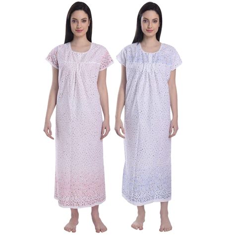 Buy CIERGE Women's Cotton White Natural Printed Maxi Nighty (Pack of 2 ...
