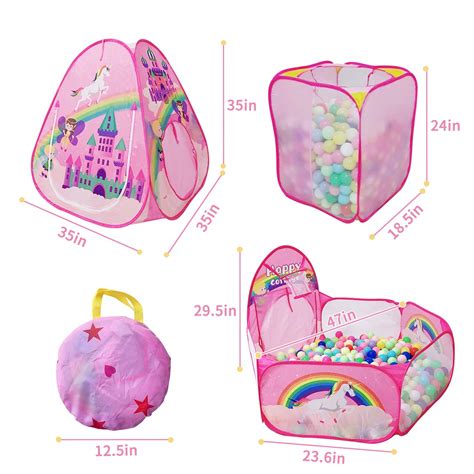 TTLOJ 3pc Kids Play Tent Set, Rainbow Castle Crawl Tunnels and Ball Pit ...