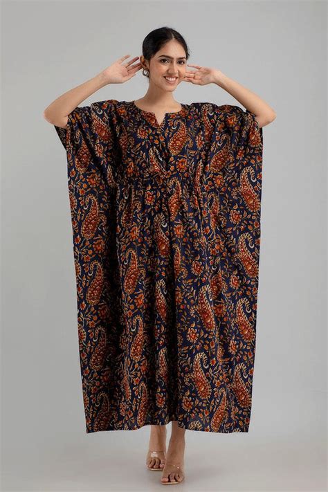 Dark Blue Floral Print Pure Cotton Kaftan Maxi Ethnic Dress - SHKUP124 ...