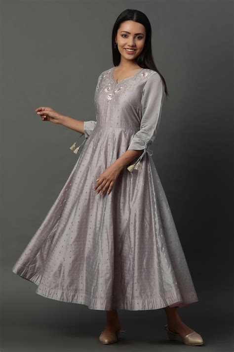 Buy Grey Zari Embroidered Flared Dress Online for Woman | Shop for Aurelia