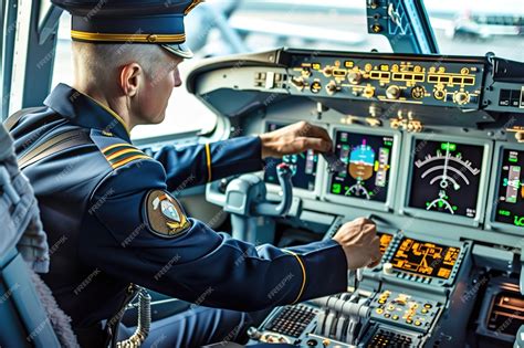 Airline Pilot In Uniform Operating Flight Controls In Cockpit | Premium ...