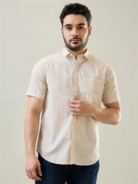 Men's Beige Print Half Sleeve Shirt | Regular Fit | 100% Cotton ...