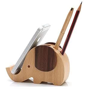 Elephant Shape Wooden Desk Pen Stand/Holder with Mobile/Cell Phone ...