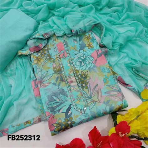 Blue floral printed satin cotton salwar material fb252312-Neidhal