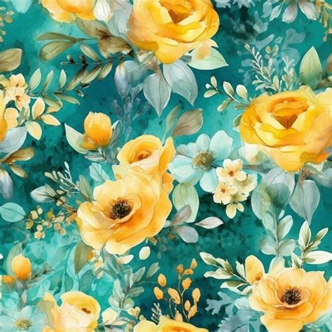 Yellow Orange Roses on Teal Background #43 | Watercolor floral pattern ...