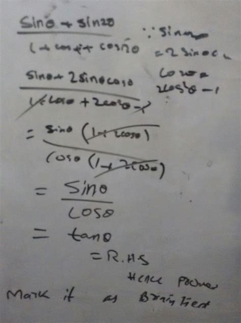 prove that question ....sinA +sin2A/1+cosA+cos2A - Brainly.in