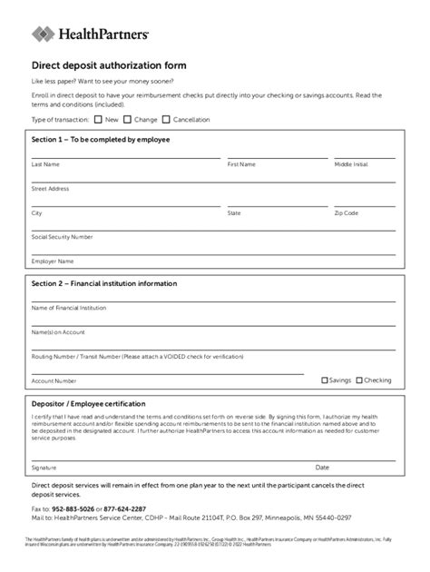 Fillable Online HealthPartners Direct deposit authorization form Fax ...