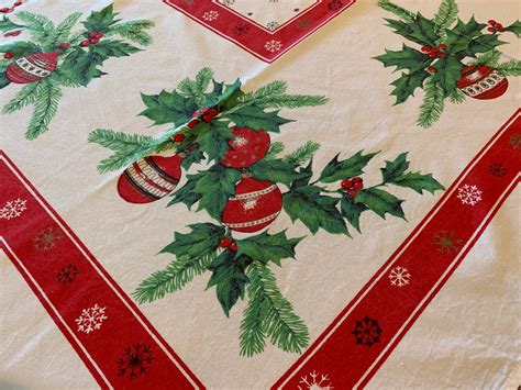 Printed Christmas Tablecloth, Vintage 1950's Cotton Print, Red Green ...