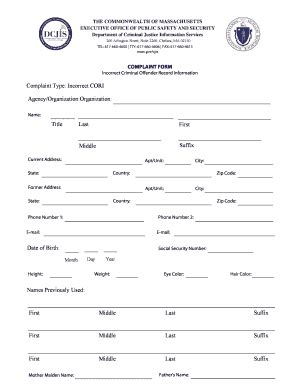 Massachusetts CORI Complaint Form - Blank Fillable Template | Fill Out ...