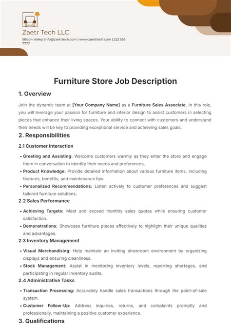 Free Furniture Store Job Description Template to Edit Online