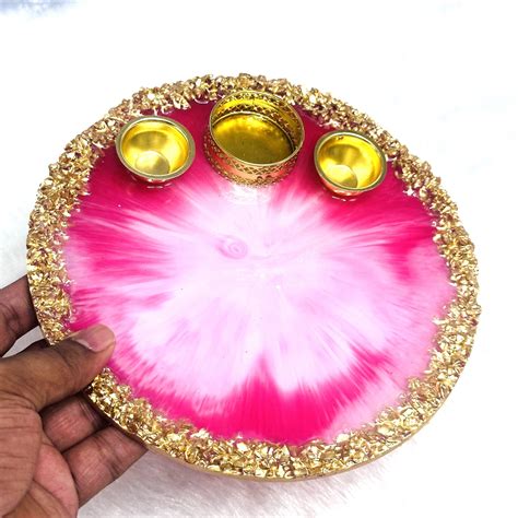 Pooja/Aarti Resin Thali | Pink | Golden Borders – Resinnovatory