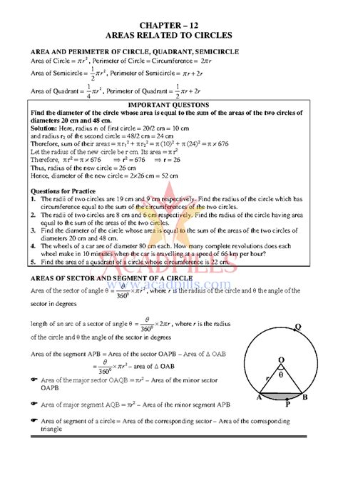Area related to circle Most important questions - CHAPTER – 12 AREAS ...
