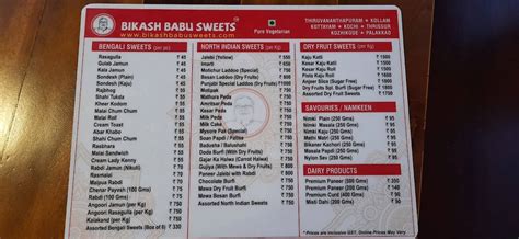 Menu at Bikash Babu Sweets & Chaats, Kollam