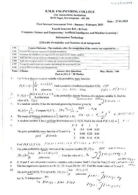 Model Exam for 22MA401 Probability and Statistics - April 2025 - Studocu