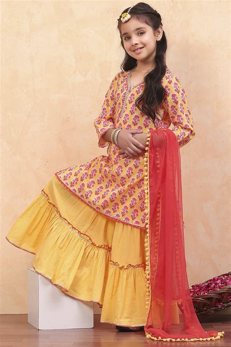 Yellow Cotton Straight Kurta Sharara Suit Set