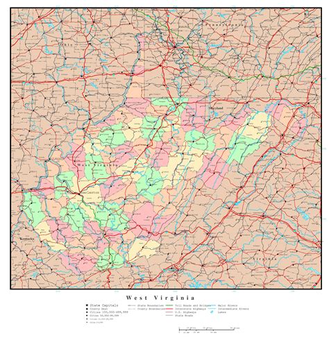 Large detailed administrative map of West Virginia state with roads ...