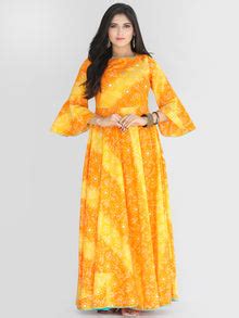 Maher - Yellow Orange Bandhani Printed Urave Cut Long Mirror Work Dres ...