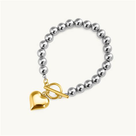 Silver Bead Bracelet with Gold Heart Charm – PALMONAS