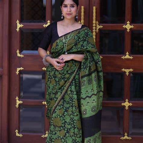 Green Black floral Handblock Chanderi Saree – Gray and Green Store