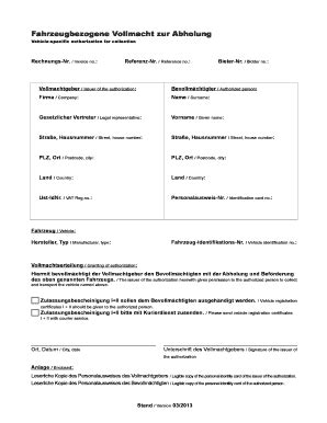 2013 Form DE Fahrzeugbezogene Vollmacht zur Abholung Fill Online ...