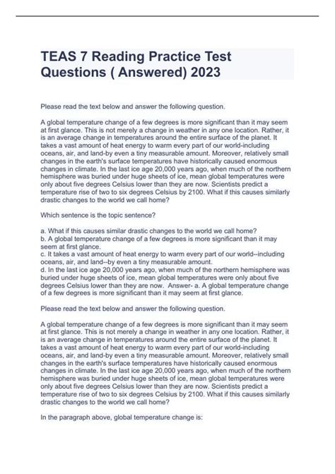 TEAS 7 Reading Practice Test Questions ( Answered) 2023 - ATI TEAS 7 ...