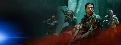 Call of Duty®: Black Ops 7 logo, three men and a woman in tactical gear carrying large weapons walk