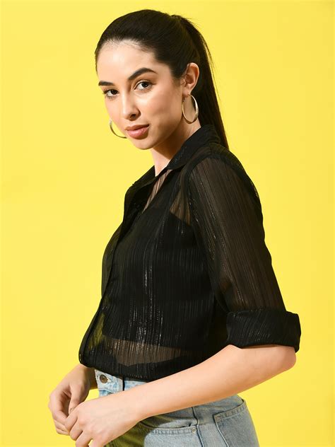 Stylish Women's Semi-Sheer Black Shirt with Vertical Stripes - Charmgal ...