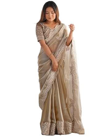Buy Satrani Women's Tissue Silk Dyed Sequin Embroidery & Scollped ...
