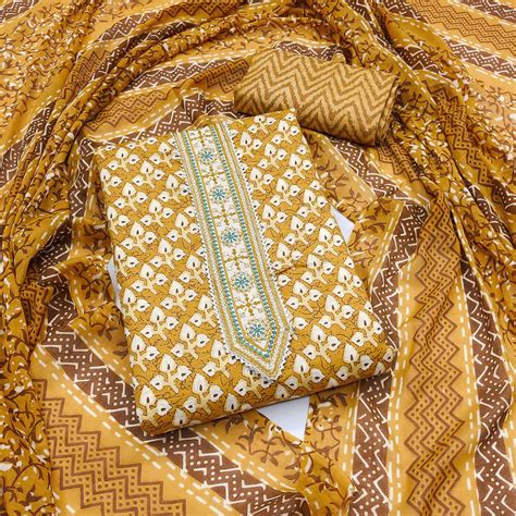 Mustard Floral Printed With Embroidered Pure Cotton Dress Material