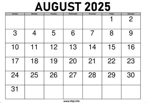 2025 August Calendar Printable with Holidays - Hipi.info