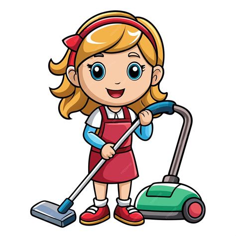 Adorable Cartoon of a Girl Deftly Using a Vacuum Cleaner | Premium AI ...